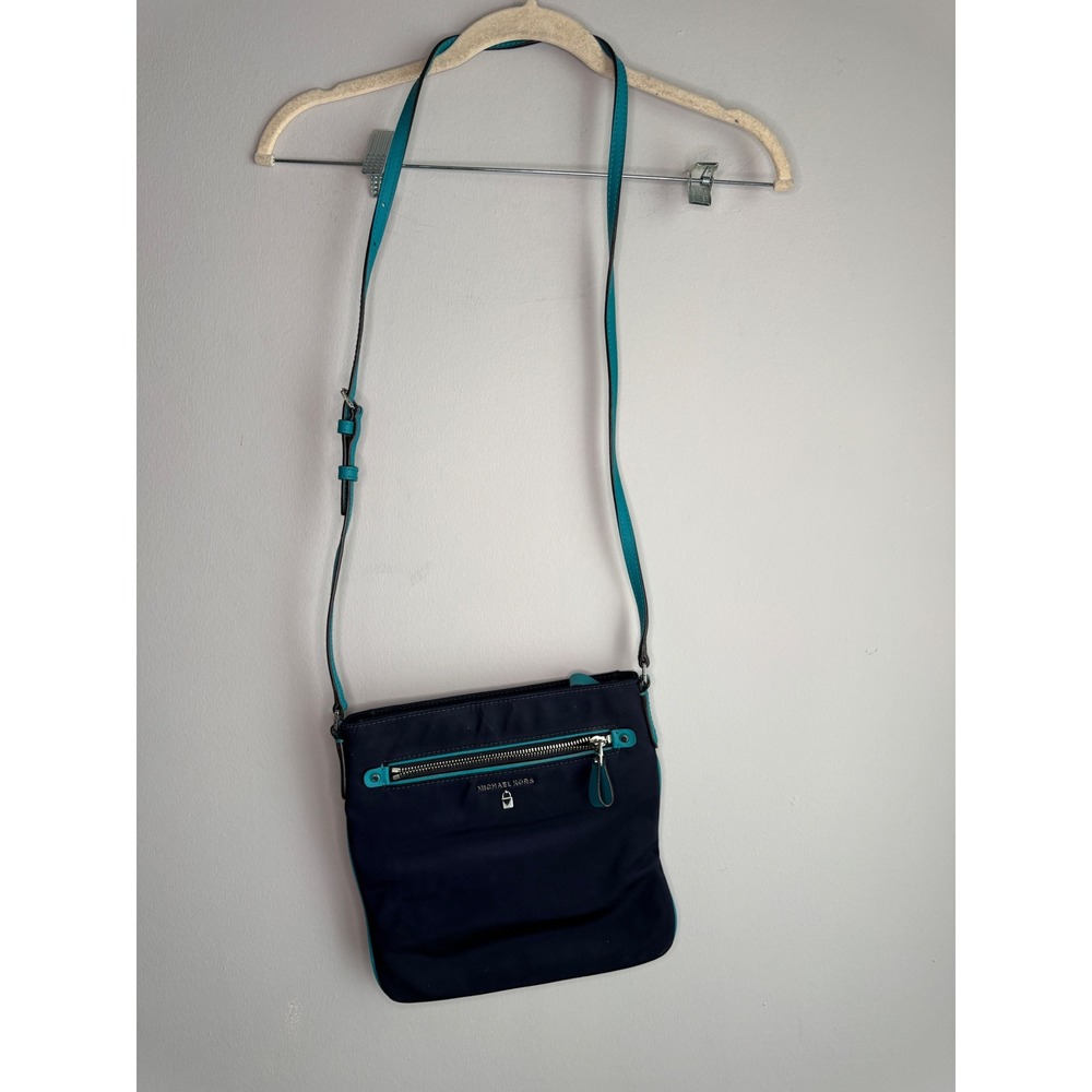 Michael Kors Navy Blue Nylon Crossbody Bag Teal Leather Trim Messenger Bag